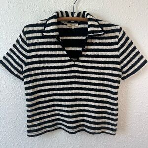 Madewell Black and White Striped Short Sleeve Scoop Collar Sweater